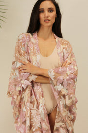 PINK SEQUIN FLOWER KIMONO - sustainably made MOMO NEW YORK sustainable clothing, Embroidered Kimono slow fashion