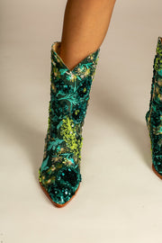 SELINA SEQUIN EMBROIDERED BOOTS FOREST GREEN - sustainably made MOMO NEW YORK sustainable clothing, boots slow fashion