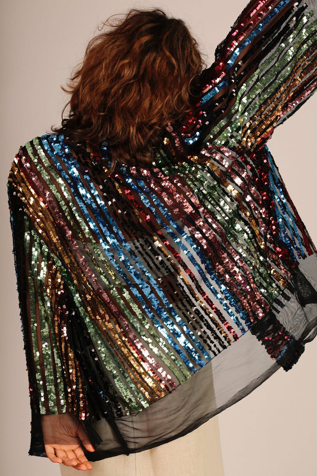 SEQUIN EMBROIDERED CHIFFON SILK SHORT KIMONO - sustainably made MOMO NEW YORK sustainable clothing, Jacket slow fashion