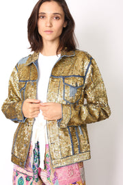 SEQUIN EMBROIDERED DENIM JACKET (GOLD) - sustainably made MOMO NEW YORK sustainable clothing, preorder slow fashion