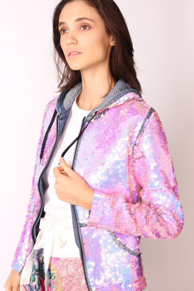 SEQUIN HOODIE DENIM JACKET - sustainably made MOMO NEW YORK sustainable clothing, preorder slow fashion