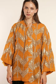 SHORT YELLOW GOLDEN KIMONO GRETA - sustainably made MOMO NEW YORK sustainable clothing, kimono slow fashion