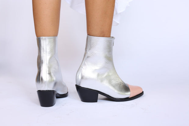 SILVER BOOTS PINK CAP BOOTS TEAGAN - sustainably made MOMO NEW YORK sustainable clothing, boots slow fashion