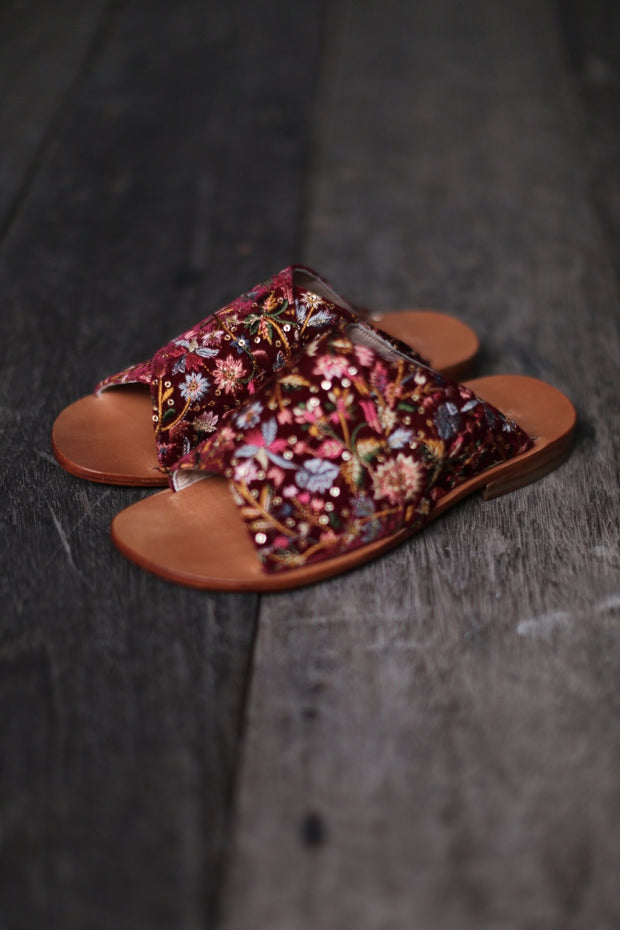 SLIPPER SANDALS DOAN IN RED VELVET EMBROIDERY - sustainably made MOMO NEW YORK sustainable clothing, mules slow fashion
