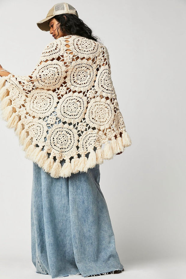 SUNNY DAY CROCHET SHAWL PONCHO - sustainably made MOMO NEW YORK sustainable clothing, Kimono slow fashion