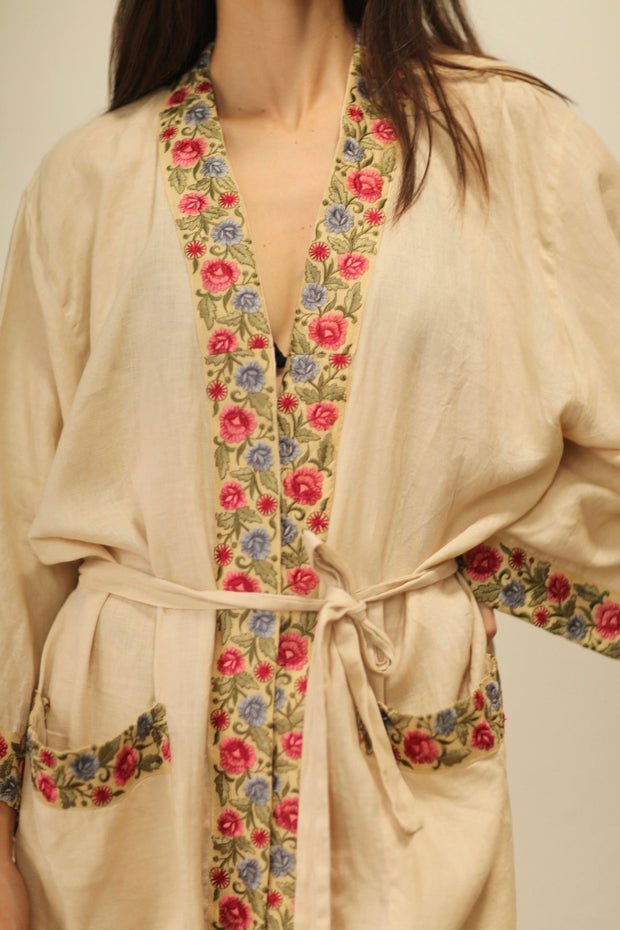 THE REDBLUE PREMIUM LINEN EMBROIDERED SILK TRIM KIMONO - sustainably made MOMO NEW YORK sustainable clothing, kimono slow fashion