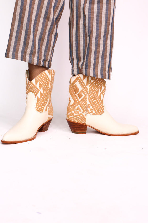 TRIBAL WOVEN LEATHER ANKLE BOOTS IVORY - sustainably made MOMO NEW YORK sustainable clothing, boots slow fashion