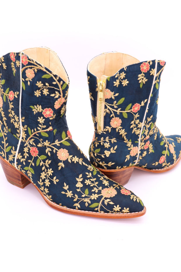 TURQUOISE EMBROIDERED SILK BOOTS ELOISE - sustainably made MOMO NEW YORK sustainable clothing, boots slow fashion