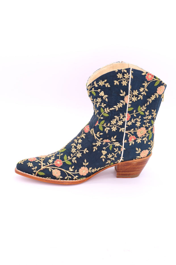 TURQUOISE EMBROIDERED SILK BOOTS ELOISE - sustainably made MOMO NEW YORK sustainable clothing, boots slow fashion