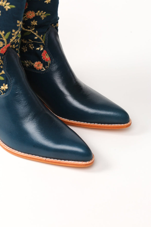 TURQUOISE LEATHER EMBROIDERED SILK BOOTS SONIA - sustainably made MOMO NEW YORK sustainable clothing, boots slow fashion