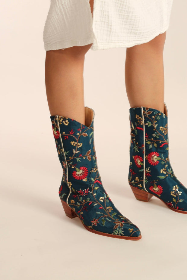 TURQUOISE WESTERN BOOTS OLIVIA - sustainably made MOMO NEW YORK sustainable clothing, boots slow fashion