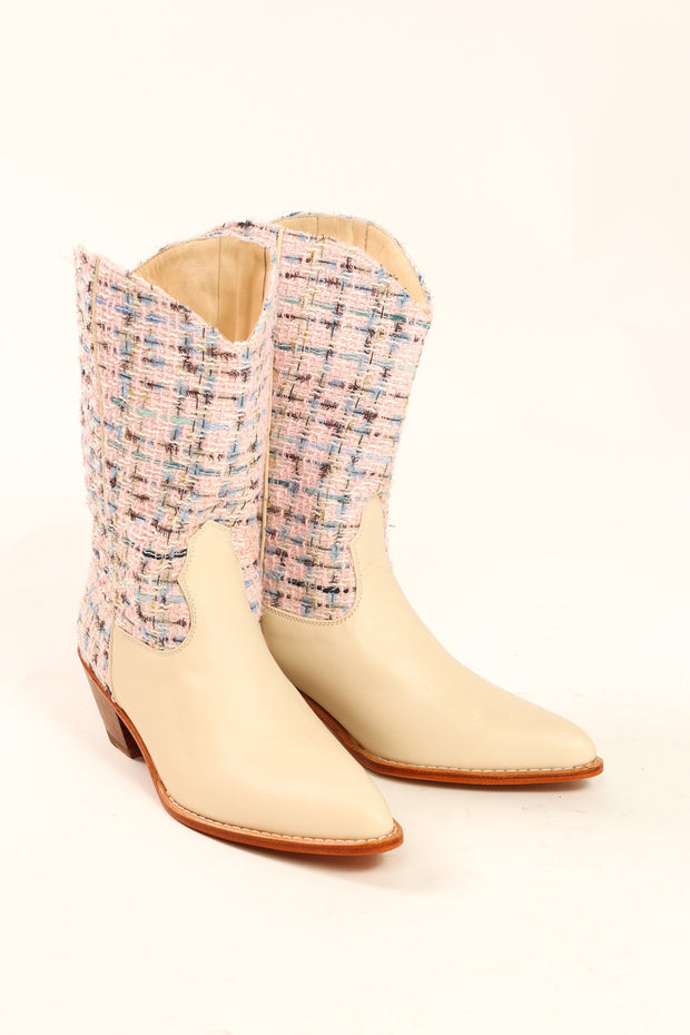 TWEED WESTERN BOOTS VIOLETTA - sustainably made MOMO NEW YORK sustainable clothing, samplesaleshoe0123 slow fashion