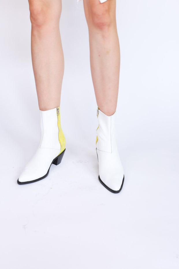 WHITE LEATHER YELLOW EMBROIDERED FABRIC BOOTS AGNETHA - sustainably made MOMO NEW YORK sustainable clothing, boots slow fashion